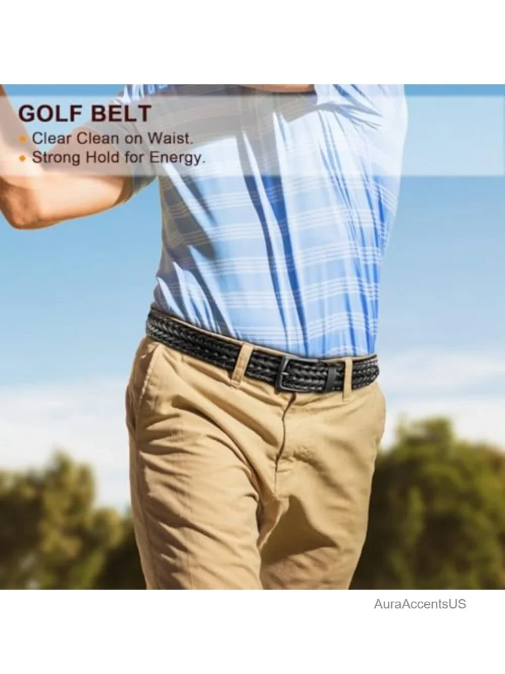 Men's Woven Braided Leather Belt, Adjustable Holeless, Golf Casual